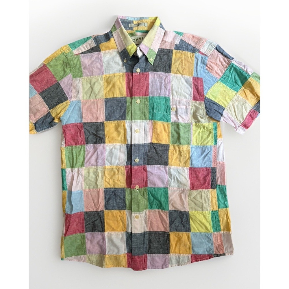 Vintage Orvis Patchwork Popover Shirt Mens M Pastel Madras Pullover 90s Cotton